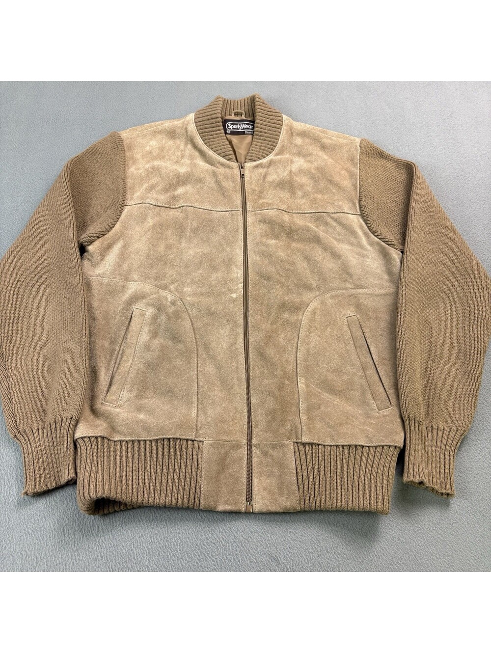 Vintage 70s 80s Sears Sportswear Suede Leather Knit Jacket Size Medium Tan